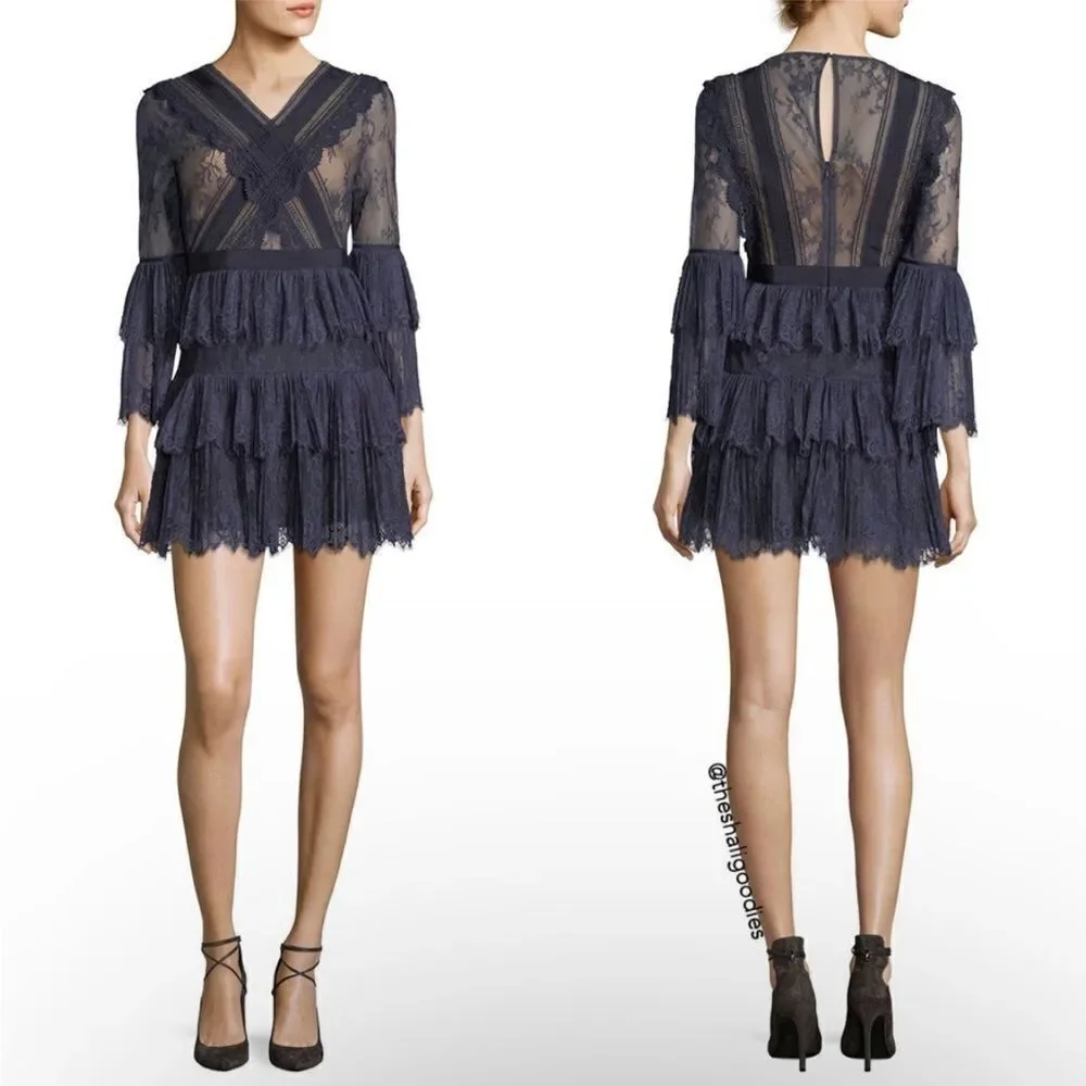 Self-Portrait Mini Dress Size 0 Navy Blue  Lace Ruffles Sleeve Lined - Picture 3 of 16